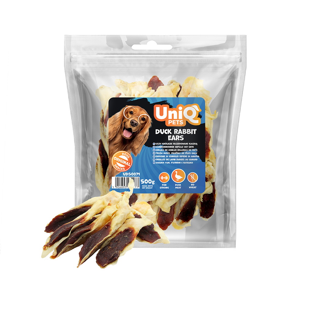 Friandises aux oreilles de lapin et canard uniq 500g